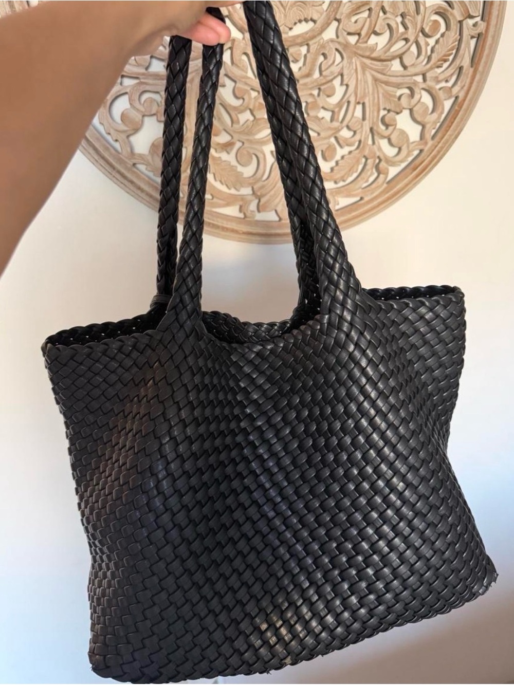 Black Woven Tote Bag with Double Shoulder Straps